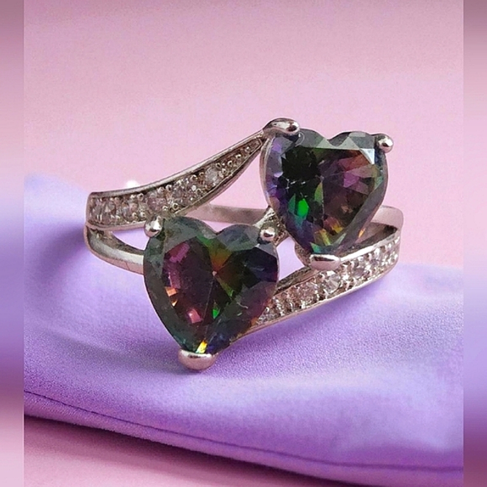 Sterling Silver 925 Double Heart Mystic Topaz & CZ Accent Ring – Size 8